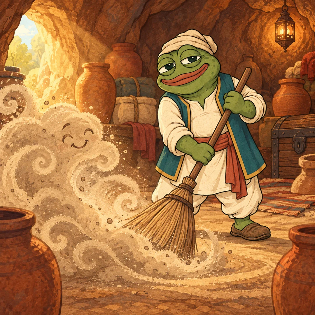Ali sweeps a dusty cave floor.