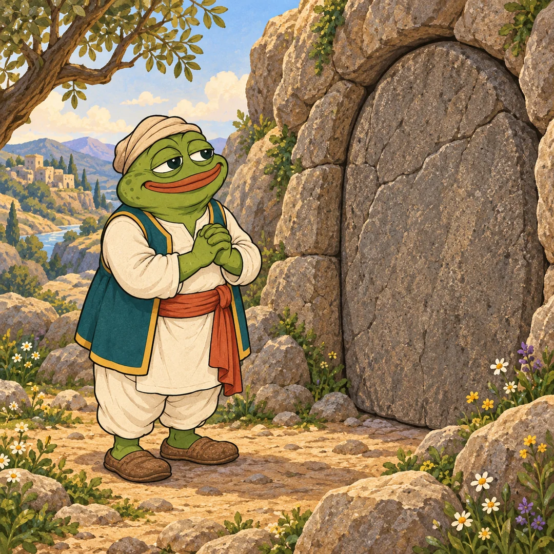 Ali waits politely at a closed cave door.